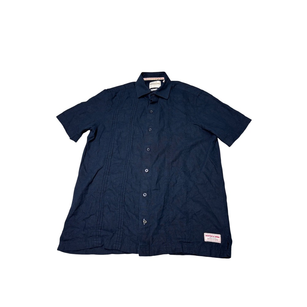 Scotch & Soda Mens Navy Blue Linen Blend Short Sleeve Guayabera Shirt Small